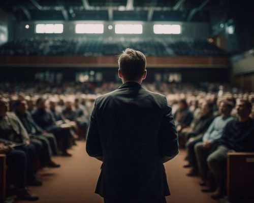 Large group of people sitting in auditorium watching presentation generated by artificial intelligence